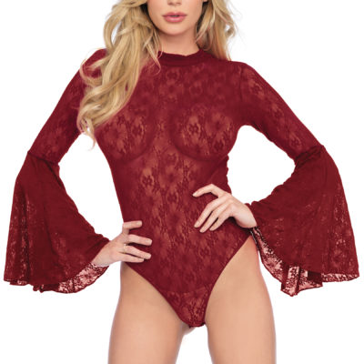 High Neck Stretch Lace Bell Sleeve Bodysuit